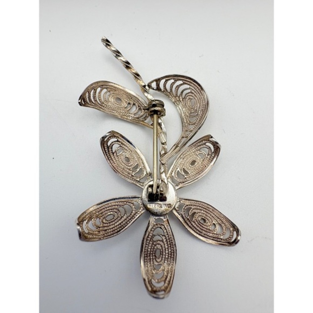 Sterling Silver Flower Brooch‎ Dark Faceted Stone Openwork Floral Pin Vintage - Picture 7 of 11